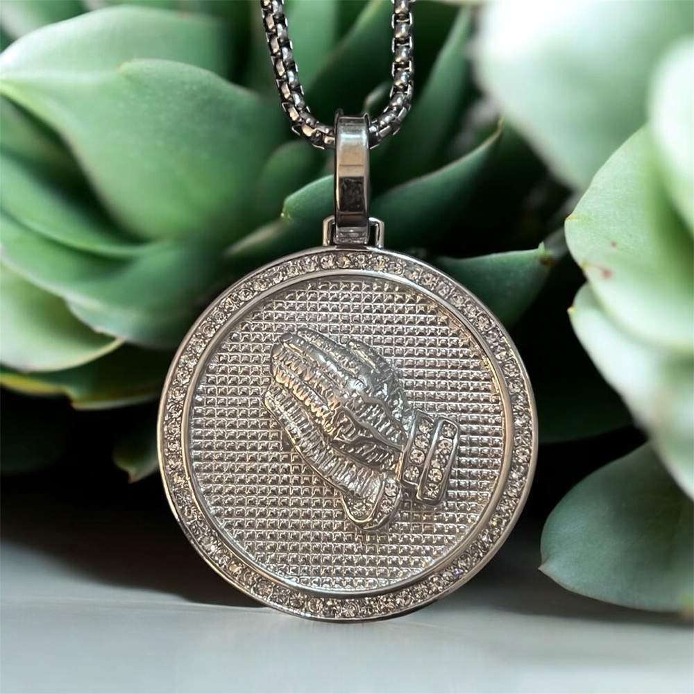 Silver Pendant Necklace with Praying Hands